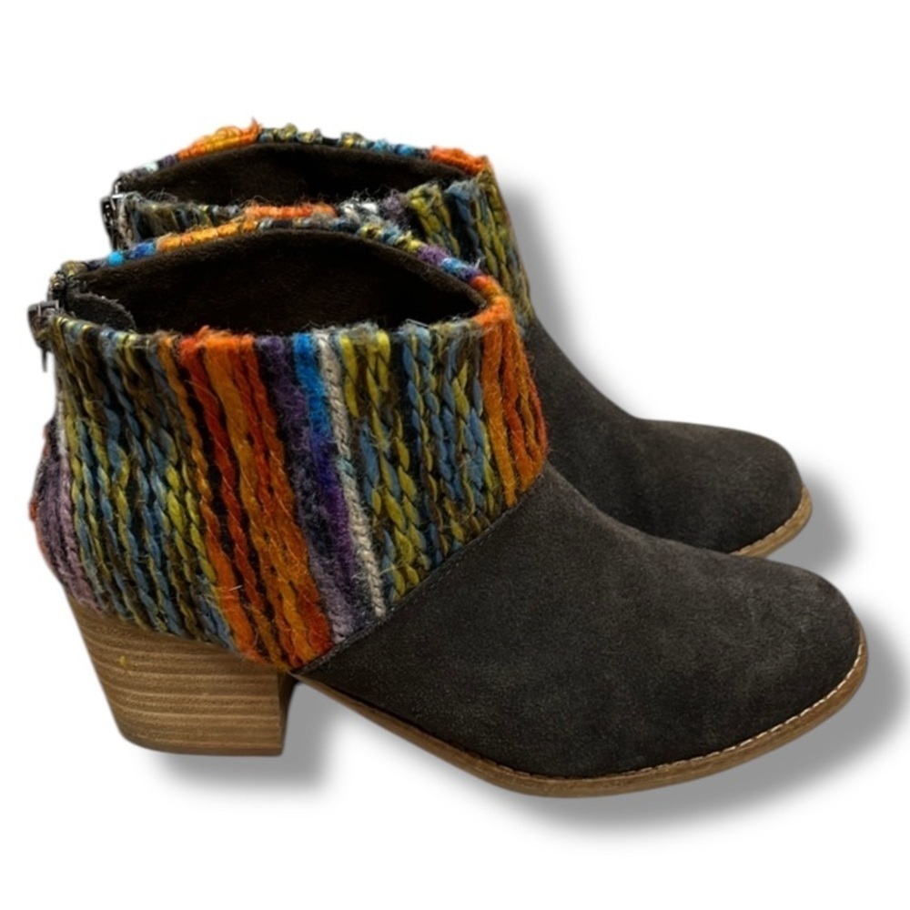 Toms Black Suede Ankle Boots with Multicolor Knit Cuff
